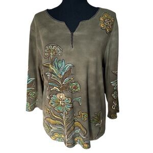 Life Style Women’s Green Top Size XL Boho Chic Embroidered Beads Flower Print